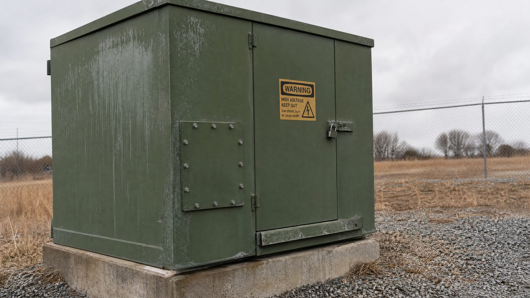 Used green padmount distribution transformer on a concrete pad
