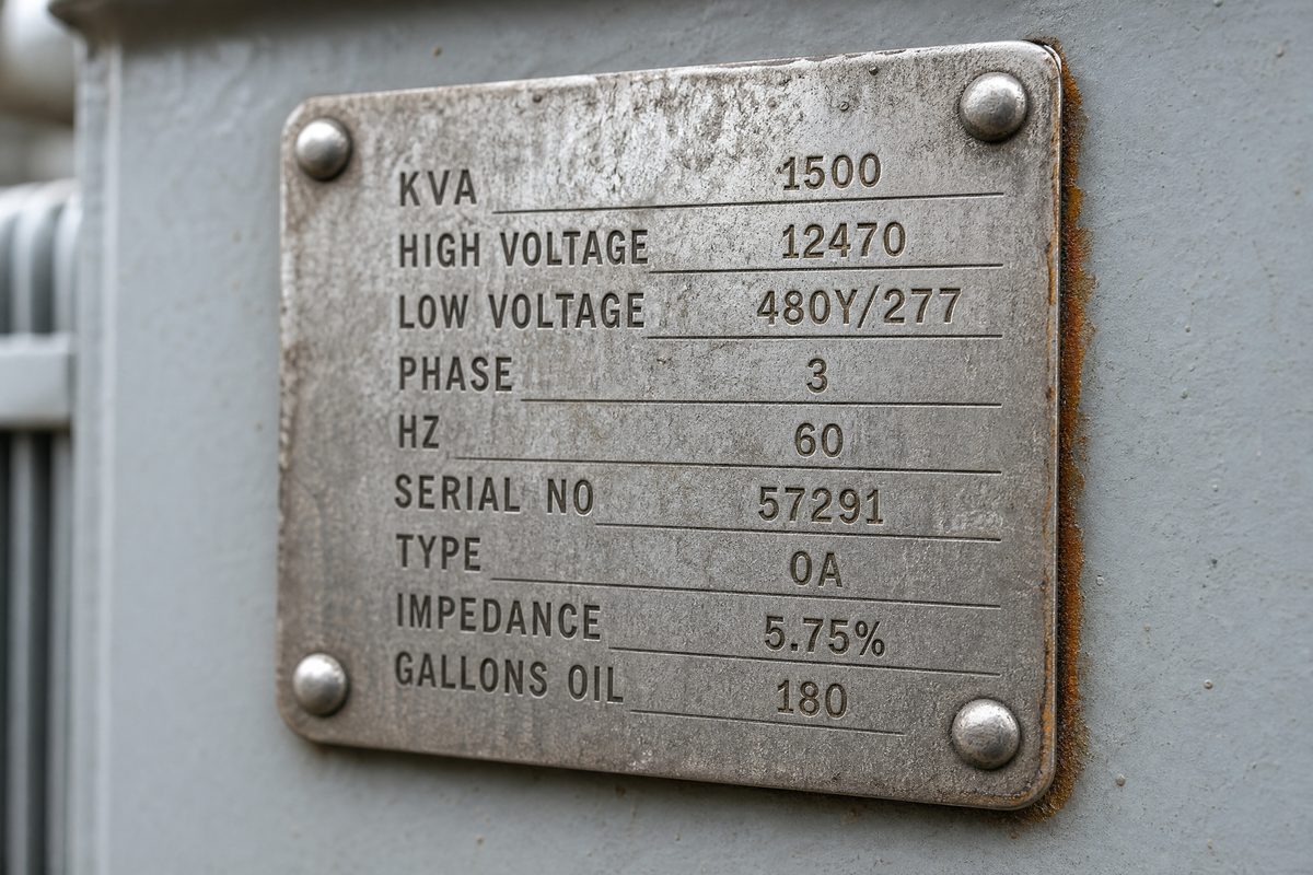Transformer nameplate showing kVA and voltage ratings