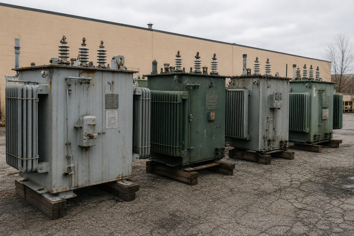 Row of used oil-filled transformers with radiator fins staged for pickup