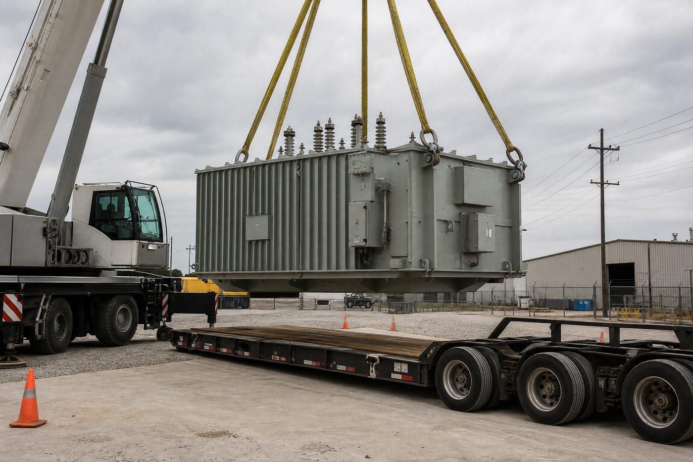 Crane lifting a substation transformer onto a lowboy trailer