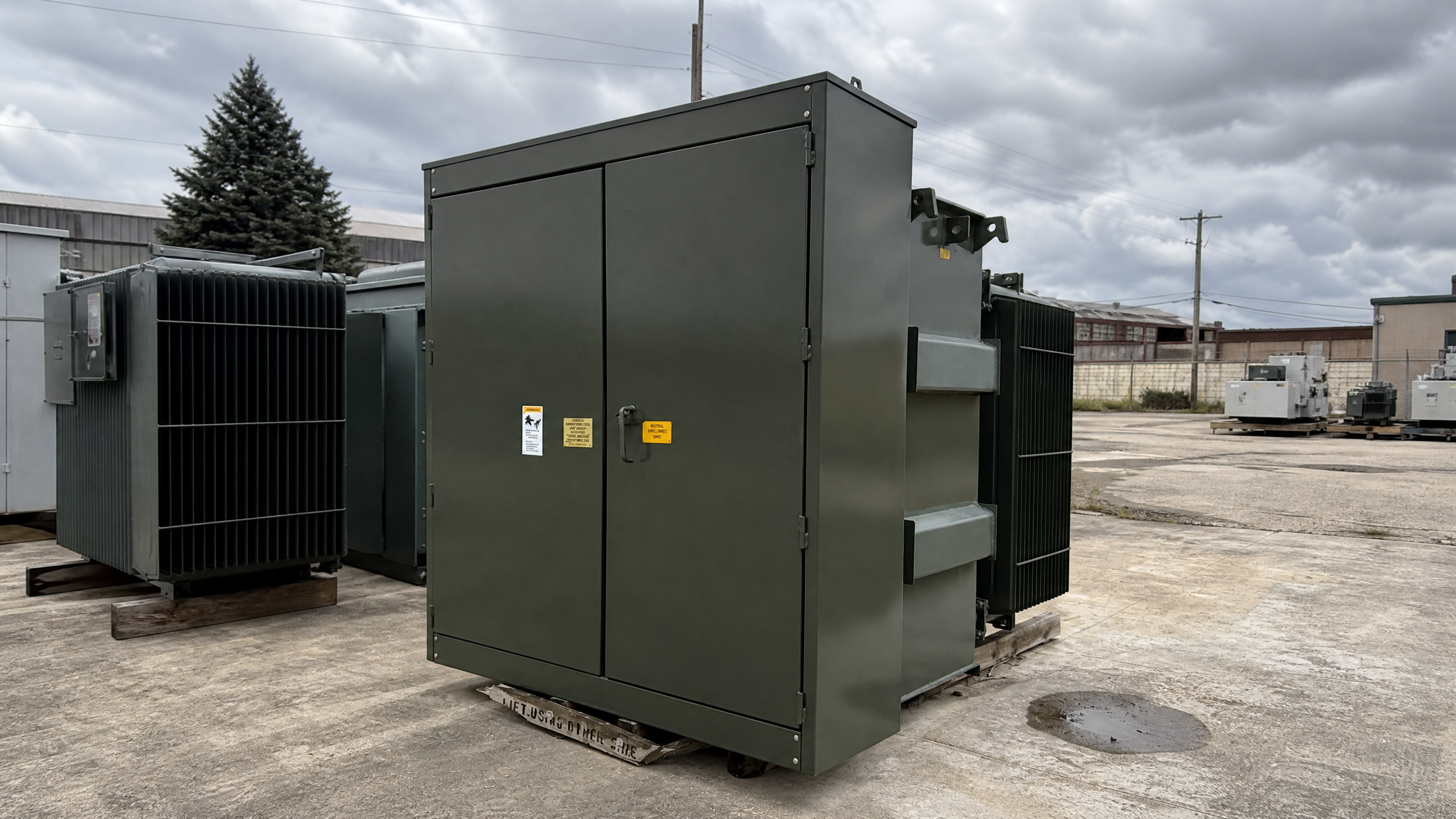 Large green padmount transformer on a pallet in an industrial yard